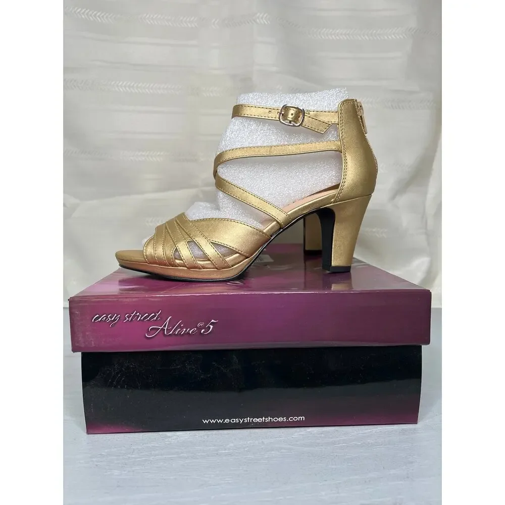Easy Street Crissa Platform Dress Sandals Gold Satin Womens Size 8M